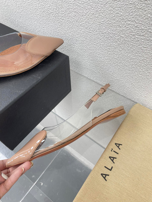 ALAIA LE COEUR FLAT SLINGBACKS IN BEIGE PATENT LAMBSKIN