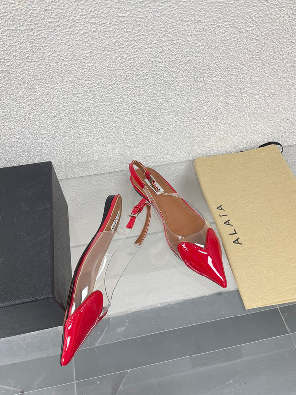 ALAIA LE COEUR FLAT SLINGBACKS IN CHERRY RED PATENT LAMBSKIN