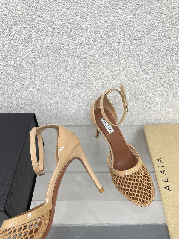 ALAIA HIGH FISHNET 9 CM PUMPS IN EGG NOG MESH