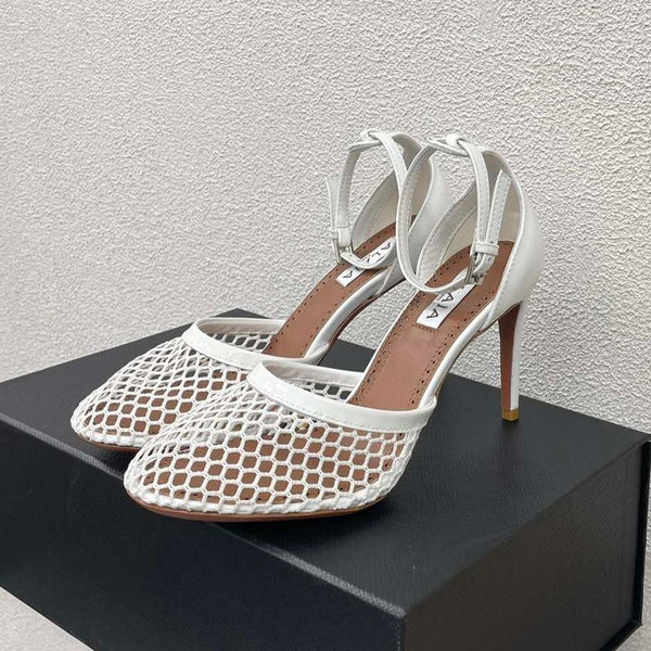 ALAIA HIGH FISHNET 9 CM PUMPS IN WHITE MESH