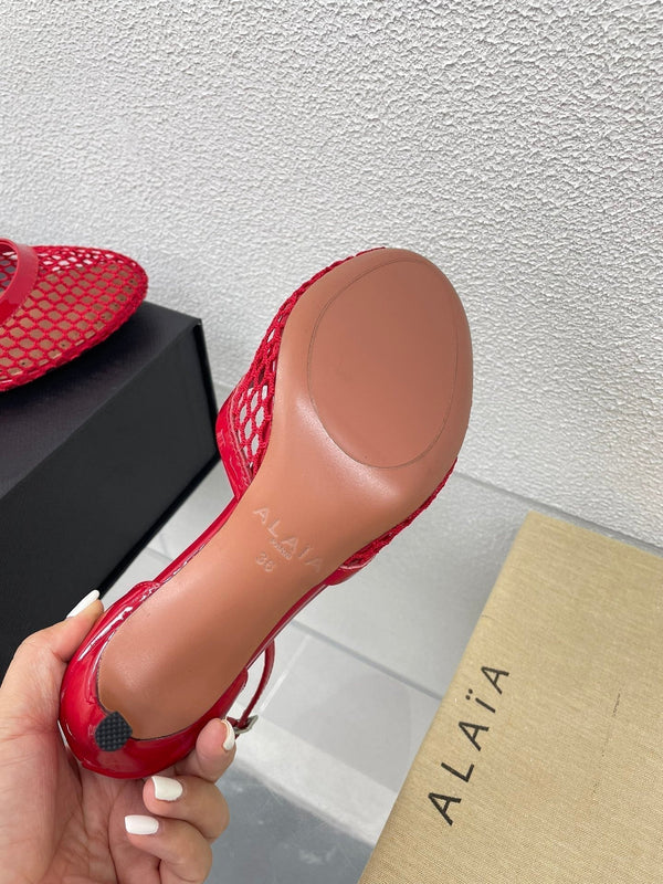 ALAIA HIGH FISHNET 9 CM PUMPS IN CHERRY RED MESH