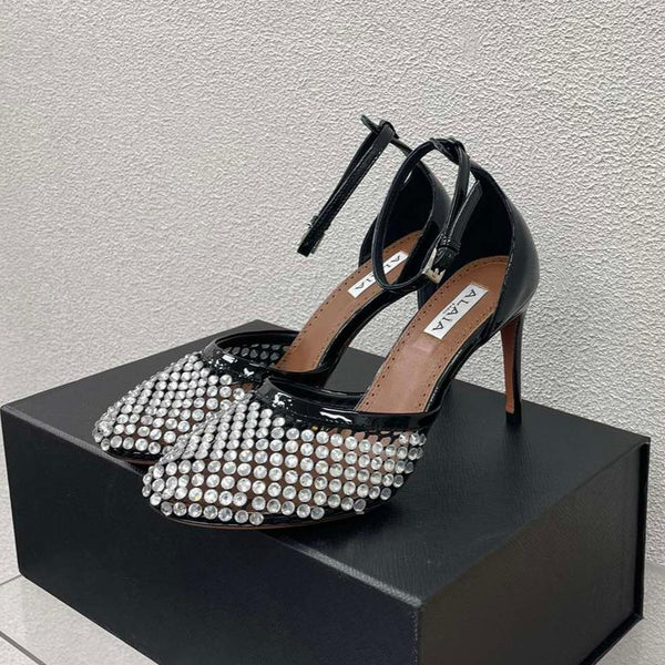 ALAIA HIGH FISHNET PUMPS IN BLACK MESH WITH WHITE RHINSTONES