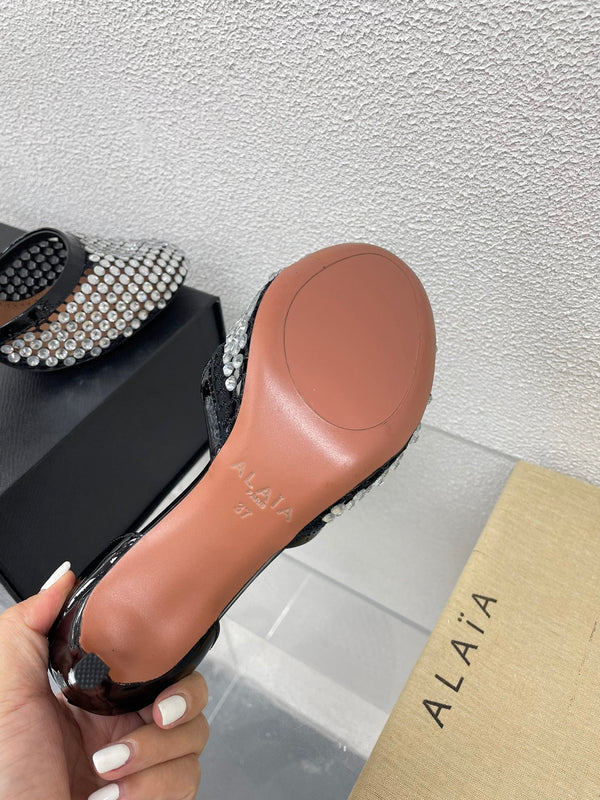 ALAIA HIGH FISHNET PUMPS IN BLACK MESH WITH WHITE RHINSTONES