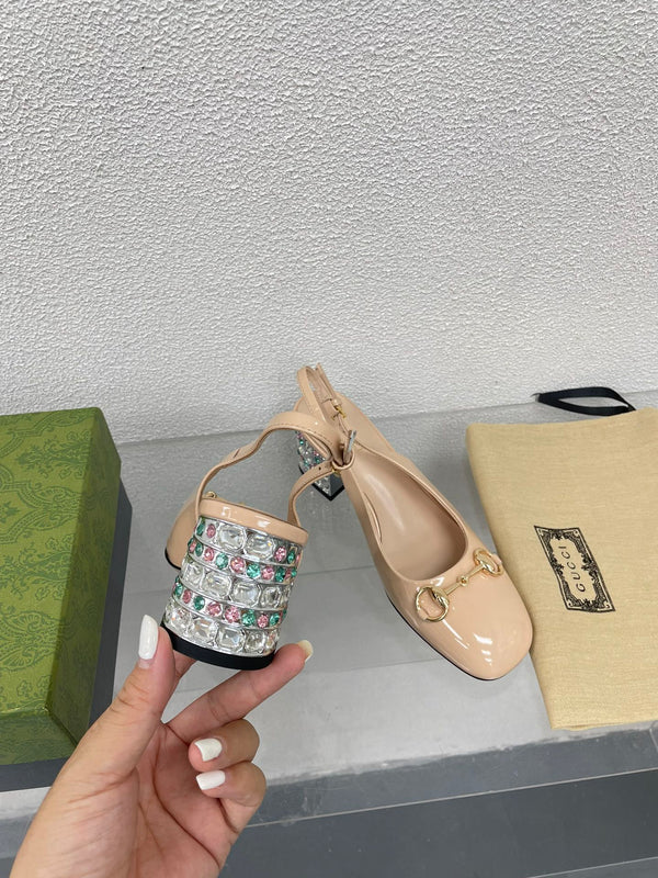 GG WOMEN'S HORSEBIT SLINGBACK IN TAN BEIGE CALFSKIN WITH RHINSTONES