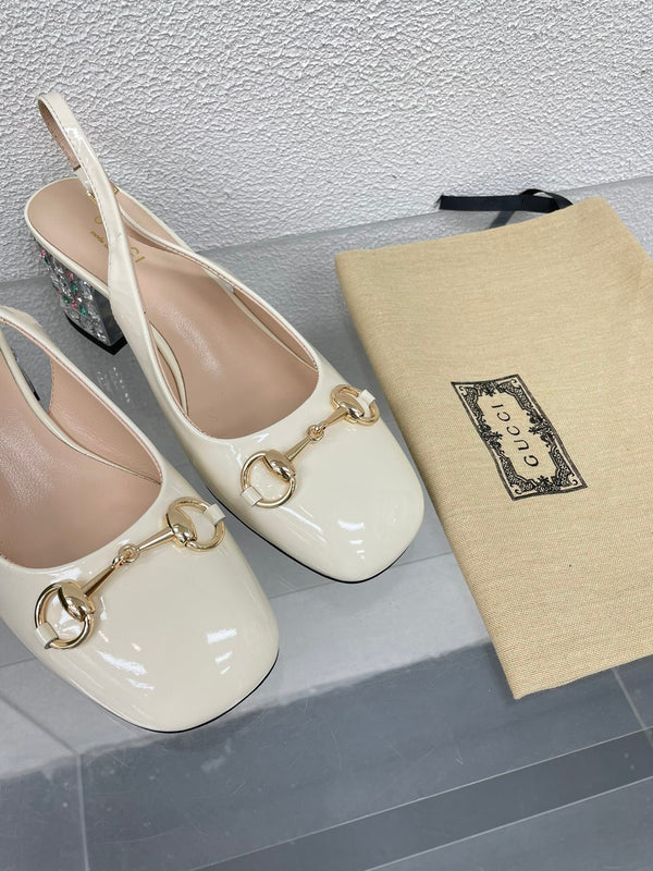 GG WOMEN'S HORSEBIT SLINGBACK IN WHITE CALFSKIN WITH RHINSTONES