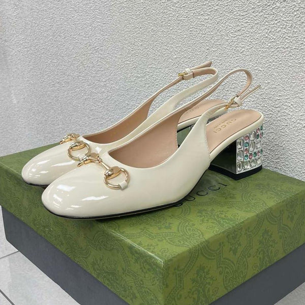 GG WOMEN'S HORSEBIT SLINGBACK IN WHITE CALFSKIN WITH RHINSTONES