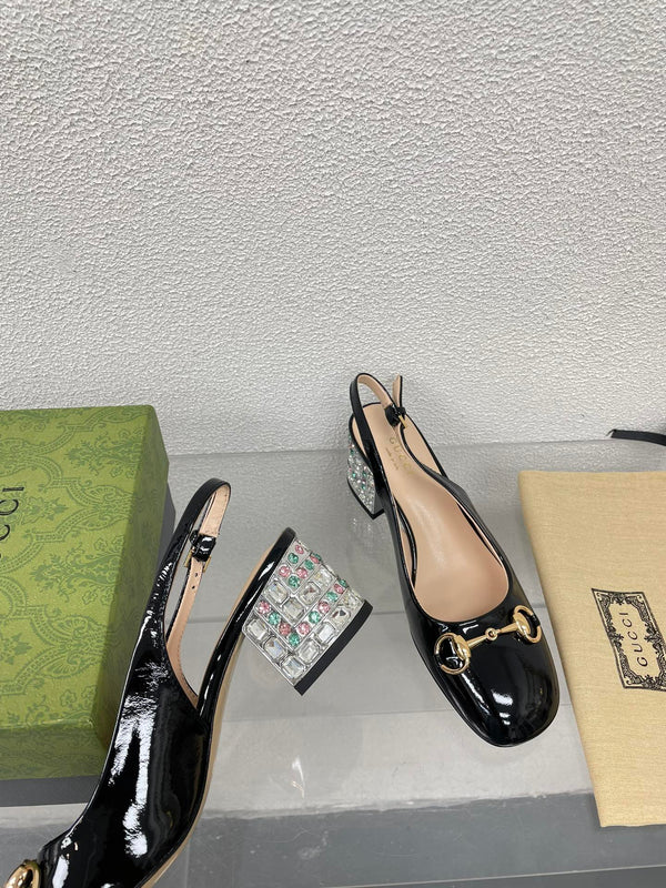 GG WOMEN'S HORSEBIT SLINGBACK IN BLACK CALFSKIN WITH RHINSTONES