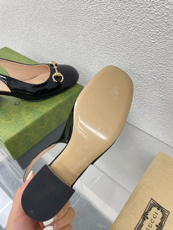 GG WOMEN'S HORSEBIT SLINGBACK IN BLACK CALFSKIN WITH RHINSTONES