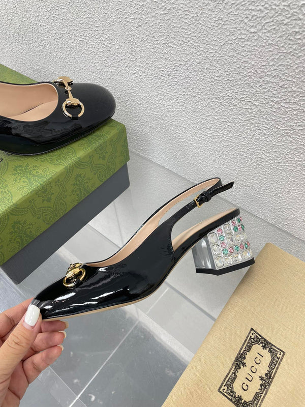 GG WOMEN'S HORSEBIT SLINGBACK IN BLACK CALFSKIN WITH RHINSTONES