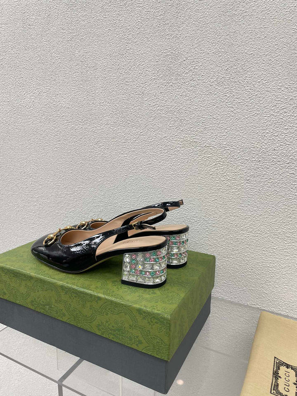 GG WOMEN'S HORSEBIT SLINGBACK IN BLACK CALFSKIN WITH RHINSTONES