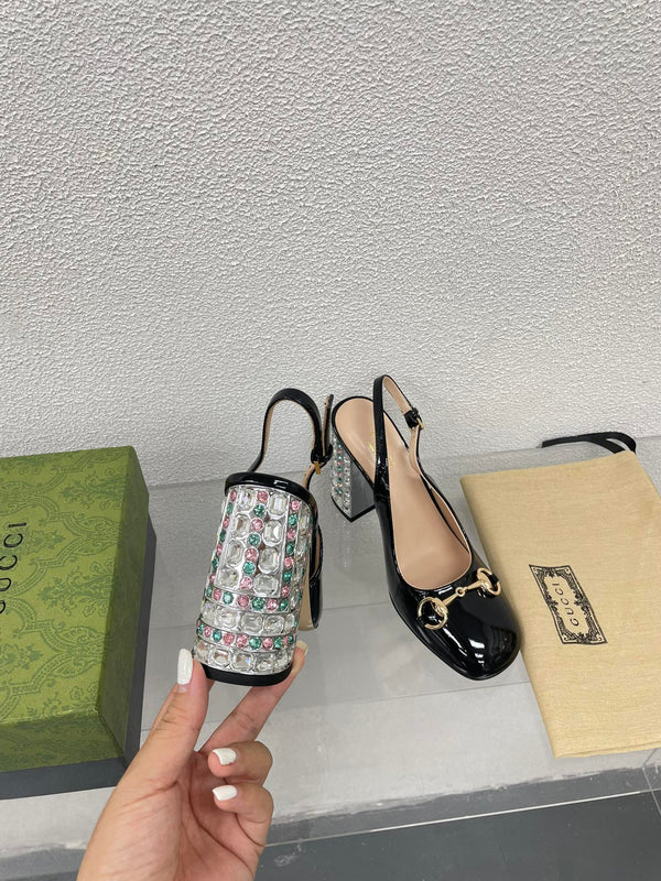 GG WOMEN'S HORSEBIT SLINGBACK 95MM IN BLACK CALFSKIN WITH RHINSTONES