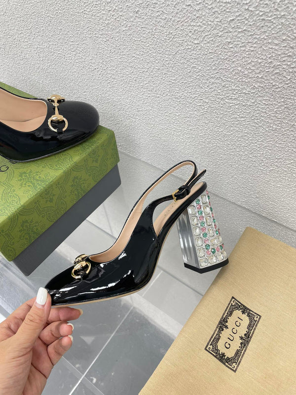 GG WOMEN'S HORSEBIT SLINGBACK 95MM IN BLACK CALFSKIN WITH RHINSTONES