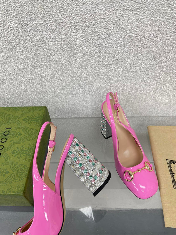 GG WOMEN'S HORSEBIT SLINGBACK 95MM IN FUSICA PINK CALFSKIN WITH RHINSTONES