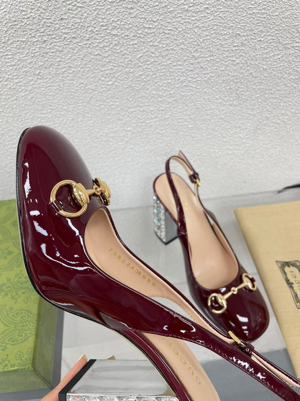 GG WOMEN'S HORSEBIT SLINGBACK 95MM IN WINE RED CALFSKIN WITH RHINSTONES