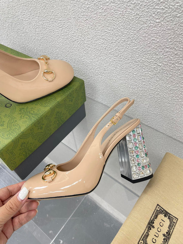 GG SLINGBACK DA DONNA CON MORSETTO 95MM IN PELLE DI VITELLO BEIGE TAN CON STRASS