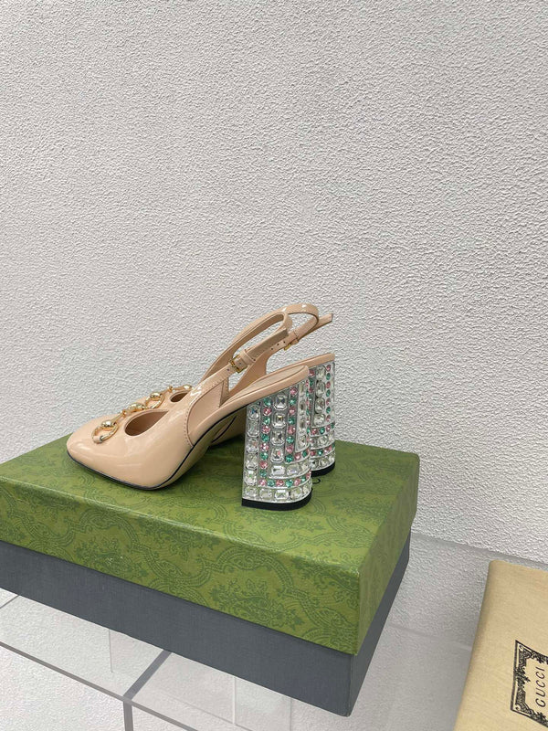 GG SLINGBACK DA DONNA CON MORSETTO 95MM IN PELLE DI VITELLO BEIGE TAN CON STRASS