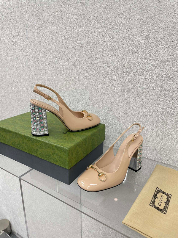 GG SLINGBACK DA DONNA CON MORSETTO 95MM IN PELLE DI VITELLO BEIGE TAN CON STRASS