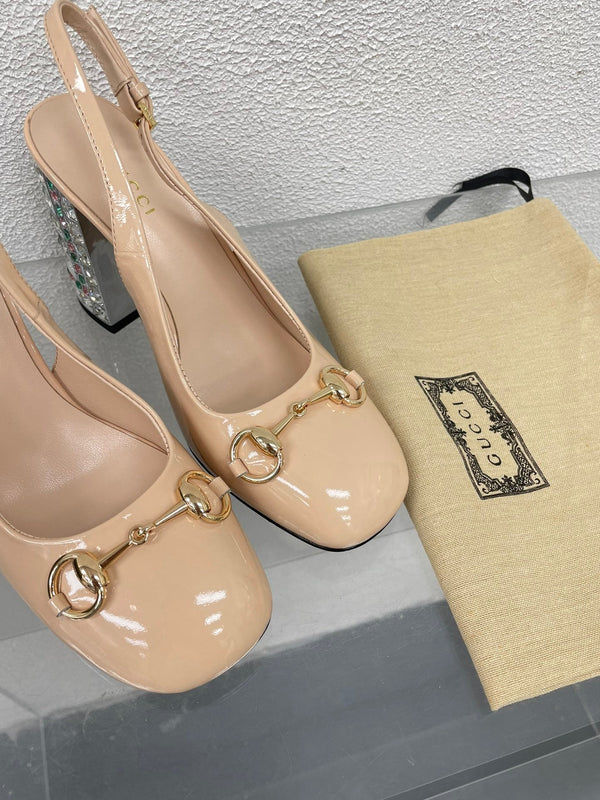 GG SLINGBACK DA DONNA CON MORSETTO 95MM IN PELLE DI VITELLO BEIGE TAN CON STRASS