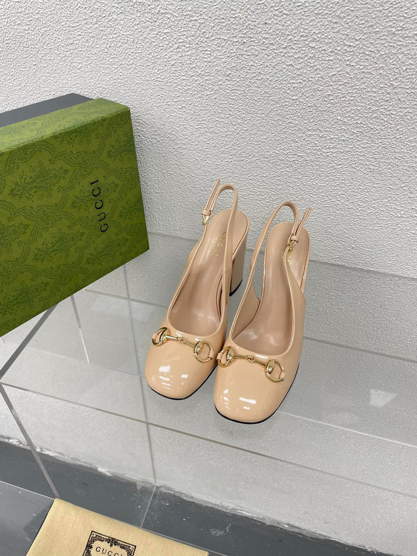 GG WOMEN'S HORSEBIT SLINGBACK 95MM IN TAN BEIGE CALFSKIN