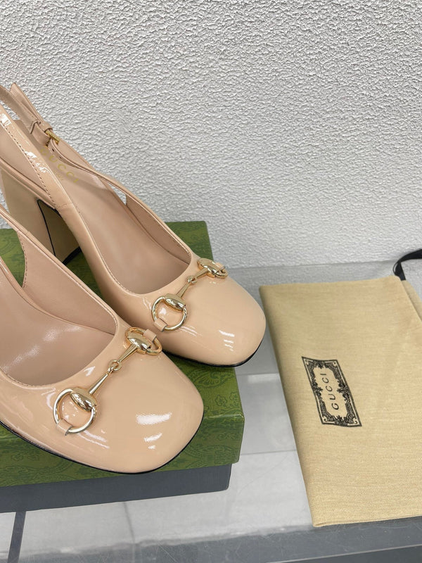 GG WOMEN'S HORSEBIT SLINGBACK 95MM IN TAN BEIGE CALFSKIN