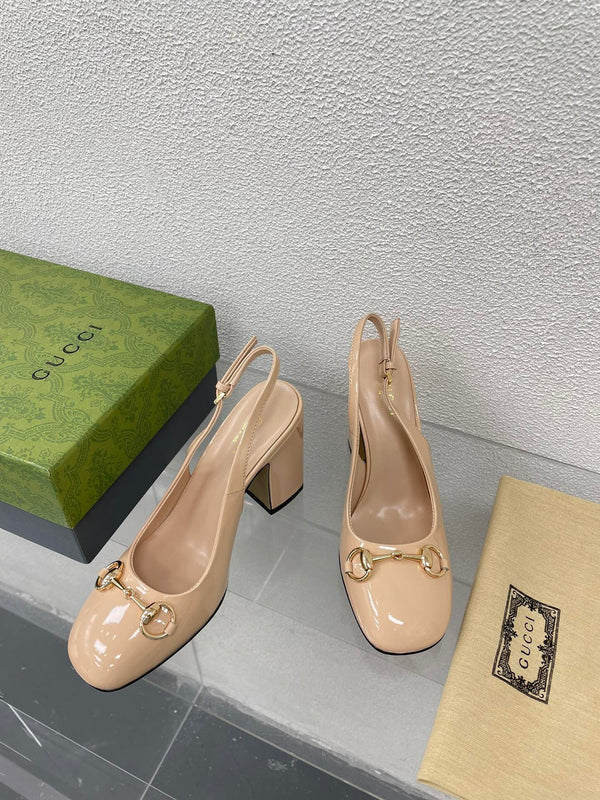 GG WOMEN'S HORSEBIT SLINGBACK 95MM IN TAN BEIGE CALFSKIN