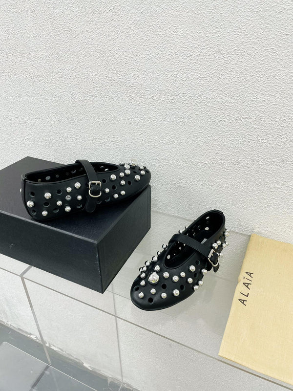 Alaila Ballet Flats In Black Lambskin Beaded 897246