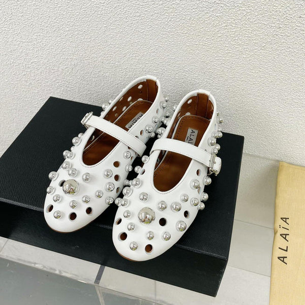 Alaila Ballet Flats In White Lambskin Beaded 897248