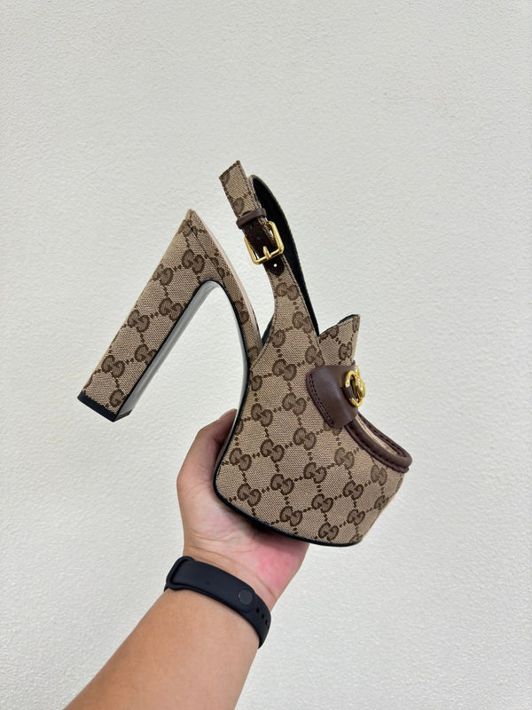 GG WOMEN'S HORSEBIT PLATFORM LOAFER SLINGBACK IN TAN BEIGE CANVAS