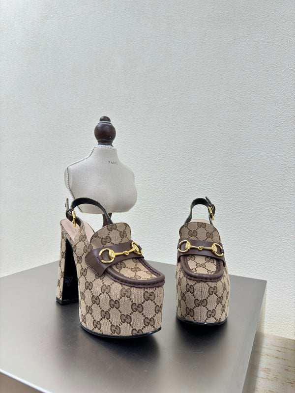 GG WOMEN'S HORSEBIT PLATFORM LOAFER SLINGBACK IN TAN BEIGE CANVAS