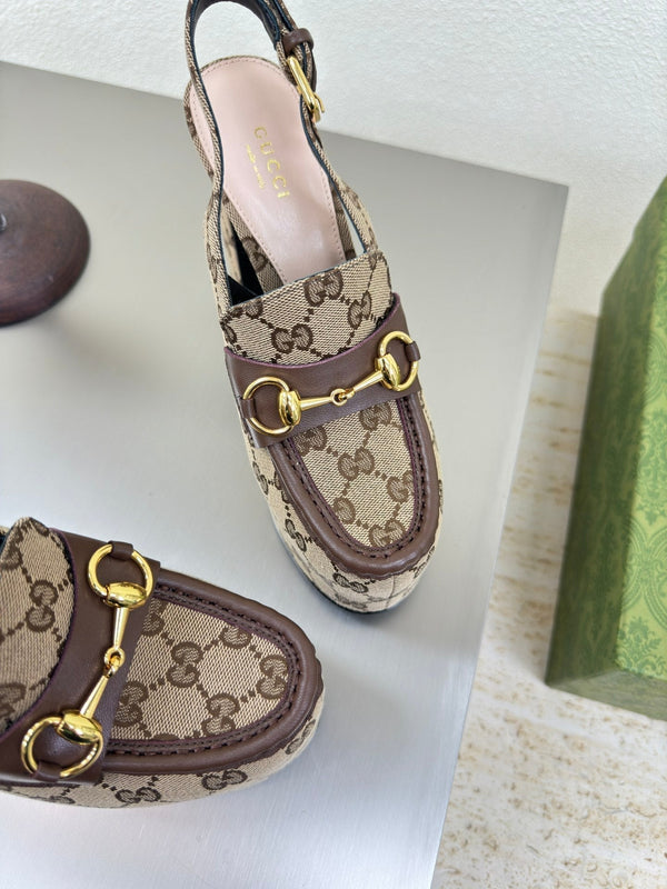 GG WOMEN'S HORSEBIT PLATFORM LOAFER SLINGBACK IN TAN BEIGE CANVAS