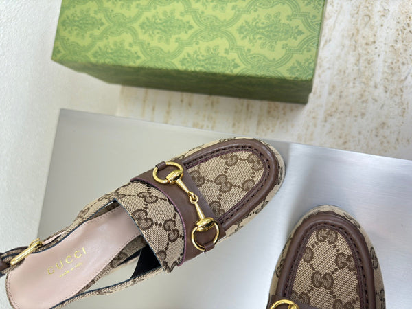 GG WOMEN'S HORSEBIT PLATFORM LOAFER SLINGBACK IN TAN BEIGE CANVAS