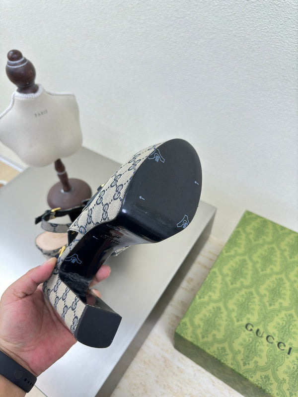 GG WOMEN'S HORSEBIT PLATFORM LOAFER SLINGBACK IN BEIGE AND BLUE CANVAS