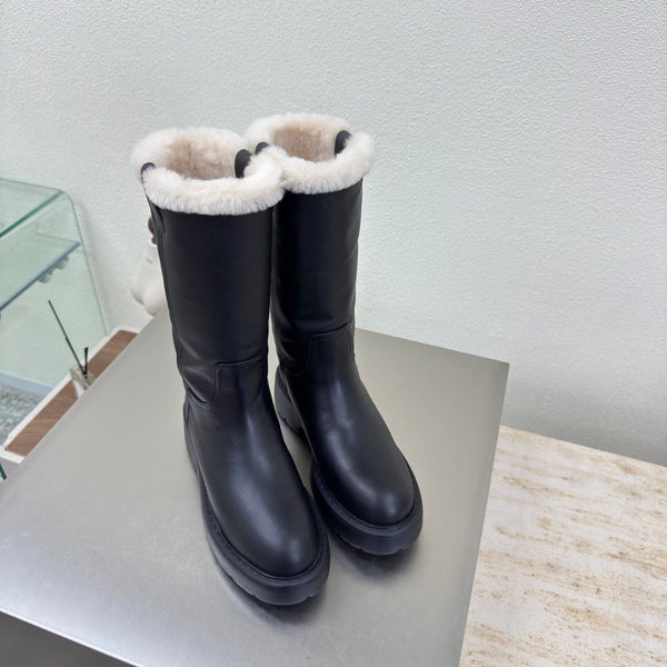 MiuMiu 25 platform boots black calfskin wool 522429