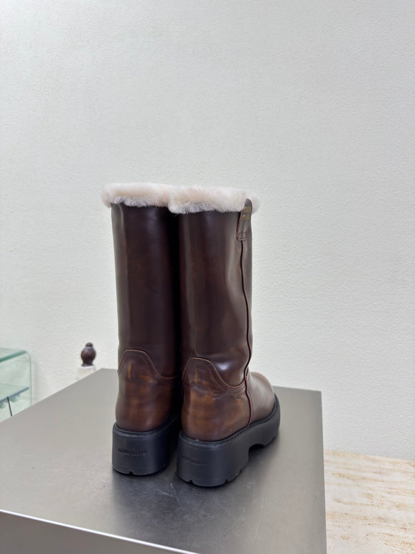 MiuMiu 25 platform boots brown calfskin wool 522430
