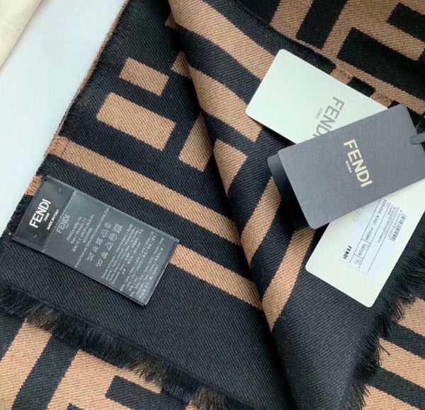 FF 180 CM SCARF IN CAMEL BROWN MIX BLACK CASHMERE AND WOOL