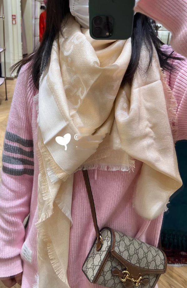 SCIALLE IN LANA E SETA JACQUARD 140 CM BISQUE BEIGE 401261