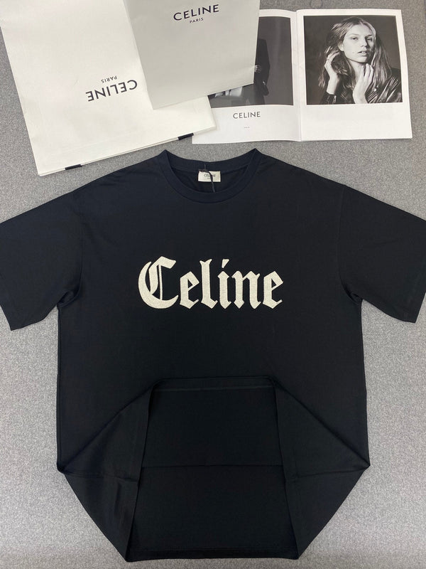 Celine Gothic Embroidered Plain Loose T-shirt Black Cotton
