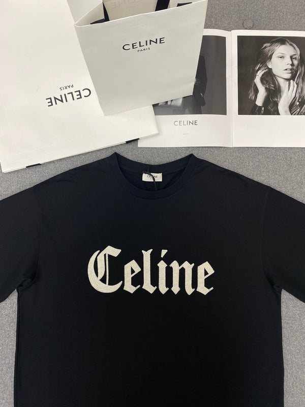 Celine Gothic Embroidered Plain Loose T-shirt Black Cotton
