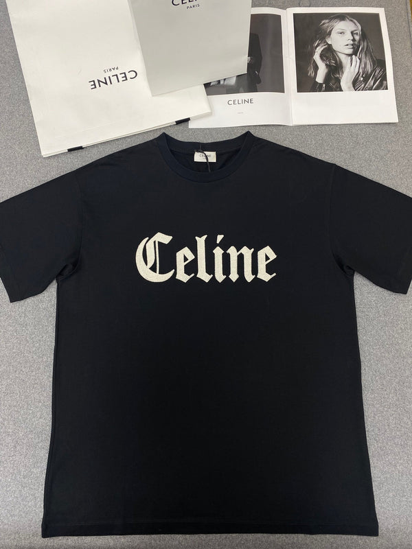Celine Gothic Embroidered Plain Loose T-shirt Black Cotton