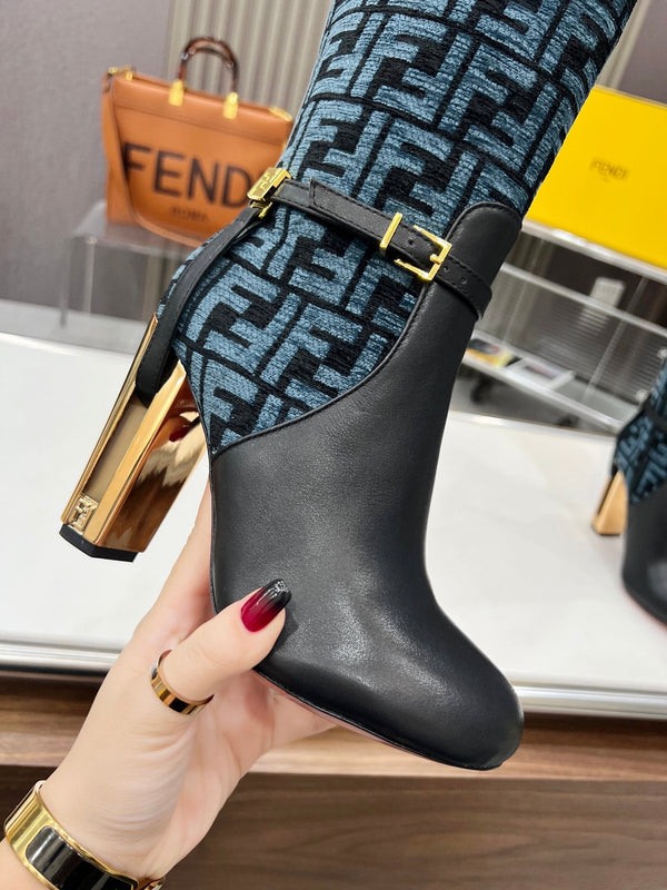 FENDI knee boots high heel monogram blue black cowhide 521217
