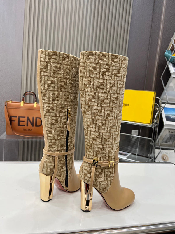 FENDI knee boots high heel monogram beige cowhide 521220