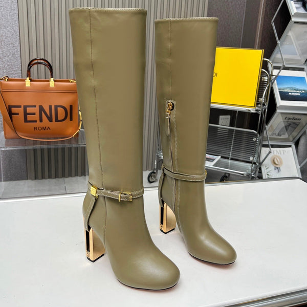 FENDI knee boots high heel olive green cowhide 521209