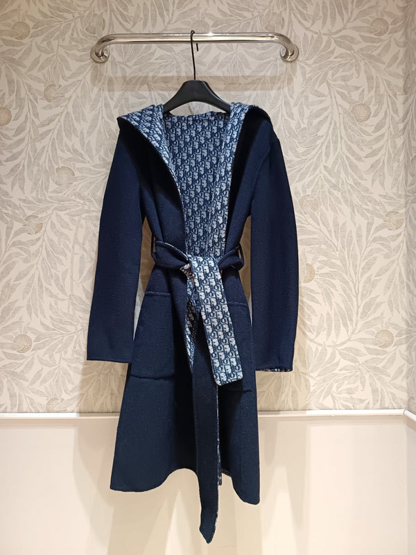 CD Hooded Long Coat Navy Blue Wool Silk