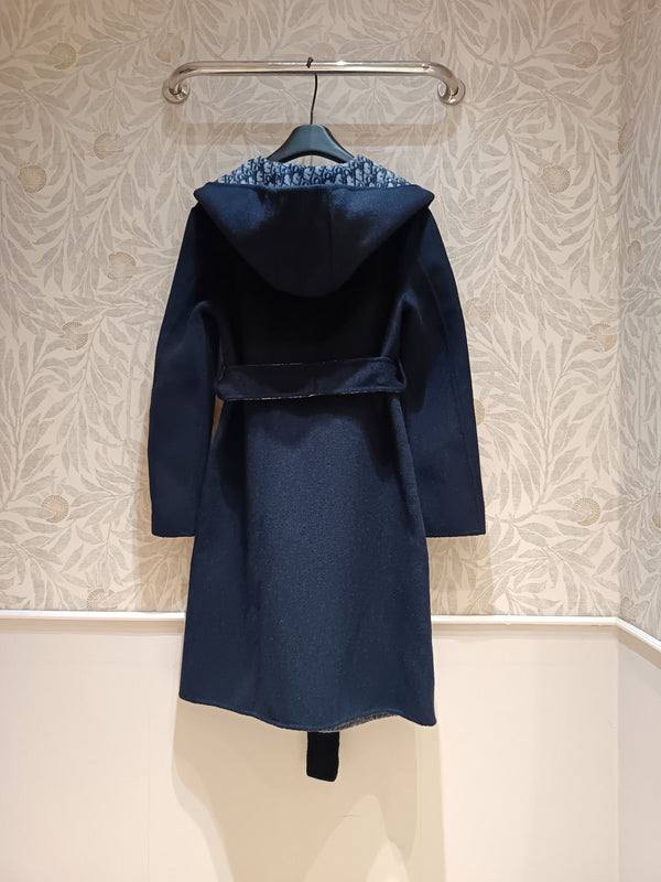 CD Hooded Long Coat Navy Blue Wool Silk