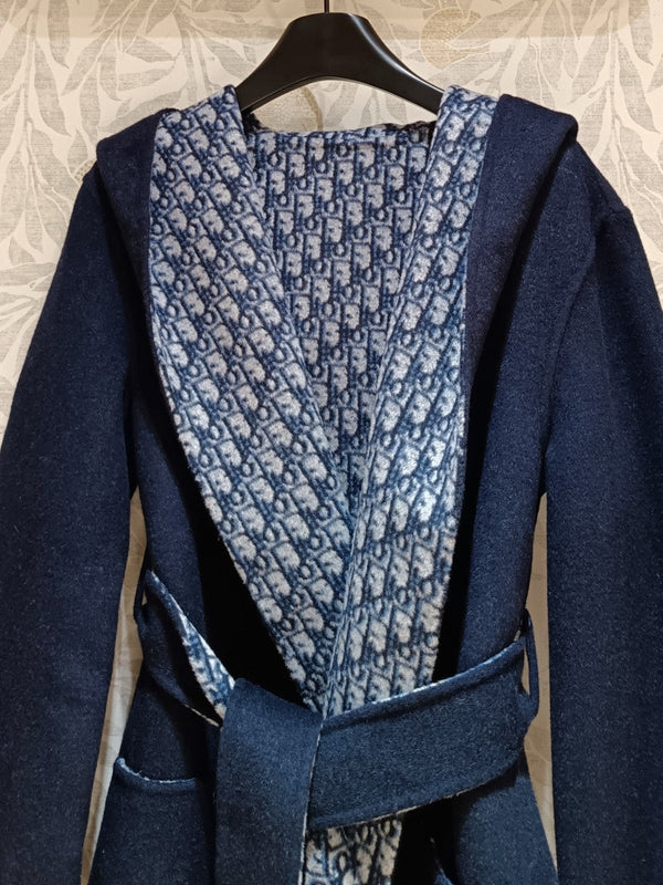 CD Hooded Long Coat Navy Blue Wool Silk