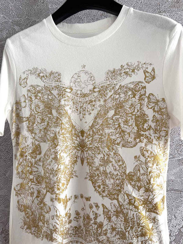 CD Butterfly T-shirt White mix Yellow Cotton Linen