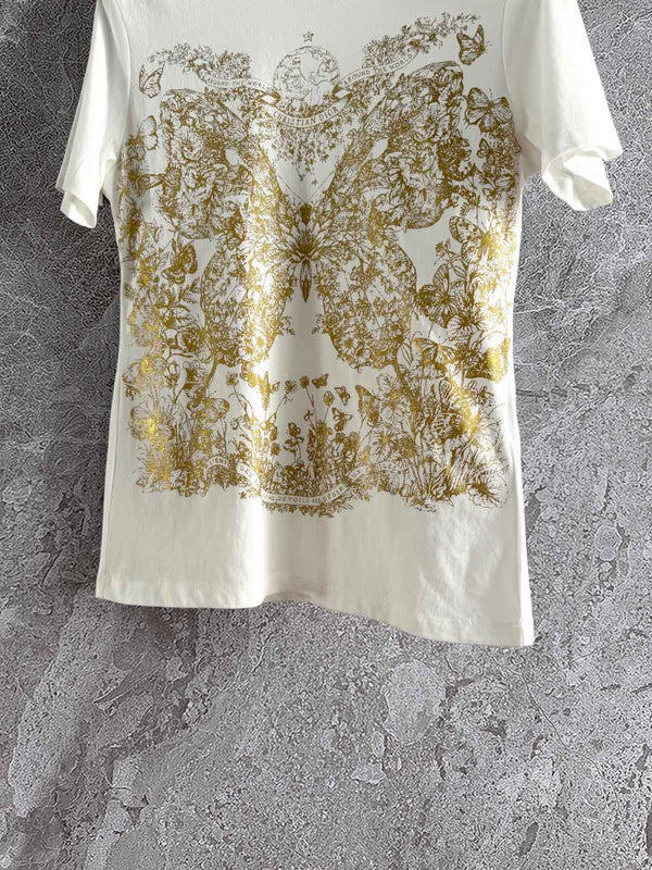 CD Butterfly T-shirt White mix Yellow Cotton Linen