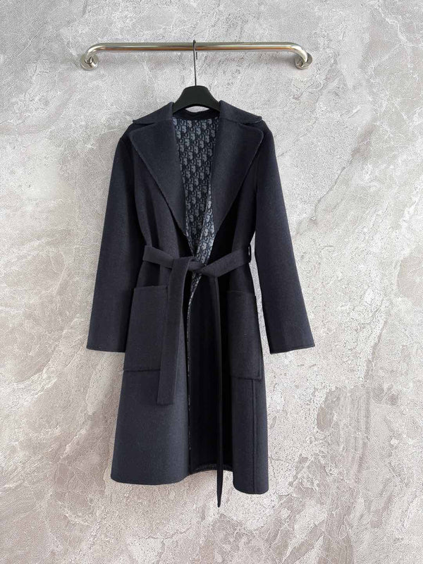 CD Hooded Long Coat Black Wool Silk