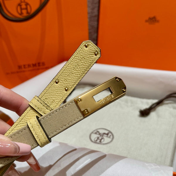 HM Kelly Belt 18mm Beige Canvas Epsom Leather Gold Buckle