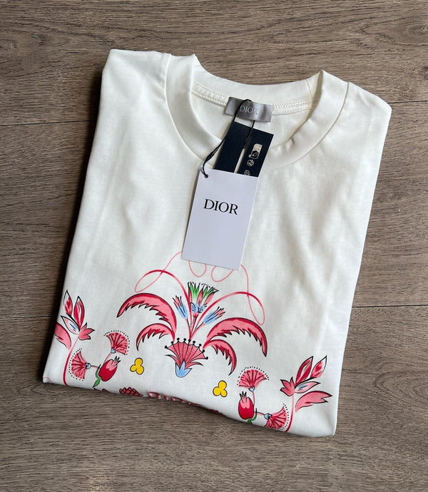 CD Floral Pattern t-shirt White Pink Cotton
